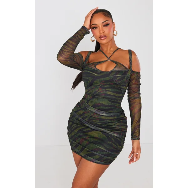 Shape Green Tiger Print Mesh Ring Halterneck Ruched Bodycon Dress