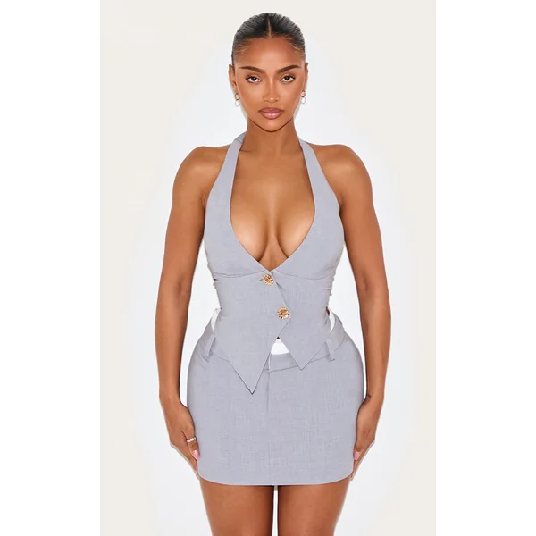 Shape Grey Halterneck Asymmetric Hammered Button Vest