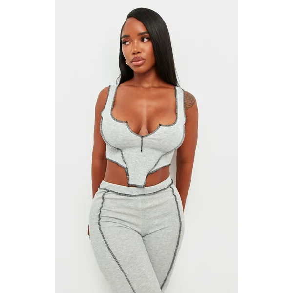 Shape Grey Marl Contrast Stitch Ribbed Crop Top