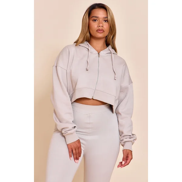 Shape Grey Marl Zip Front Long Sleeve Cropped Hoodie