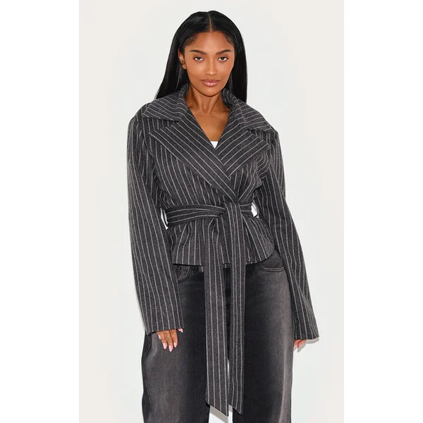Shape Grey Wool Look Pinstripe Belted Jacket
