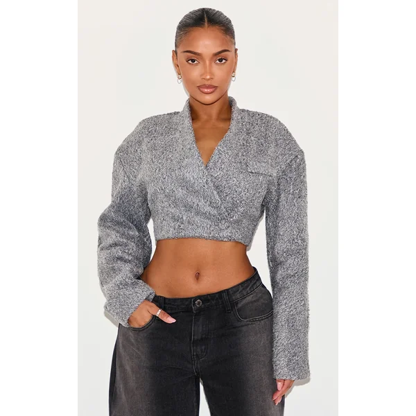 Shape Grey Wool Look Wrap Over Cocoon Sleeve Cropped Jacket