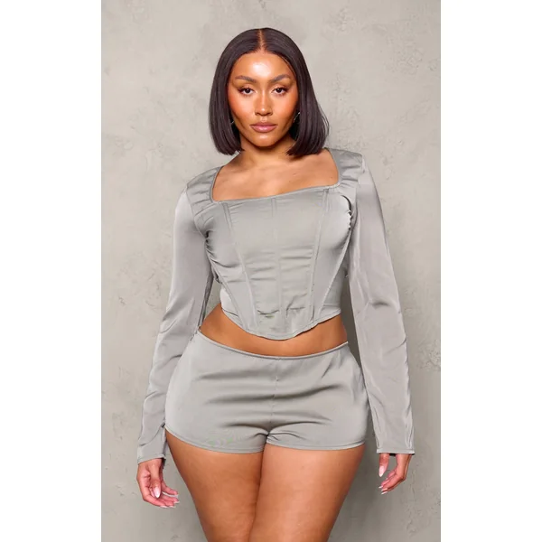 Shape Grey Woven Boning Detail Long Sleeve Corset
