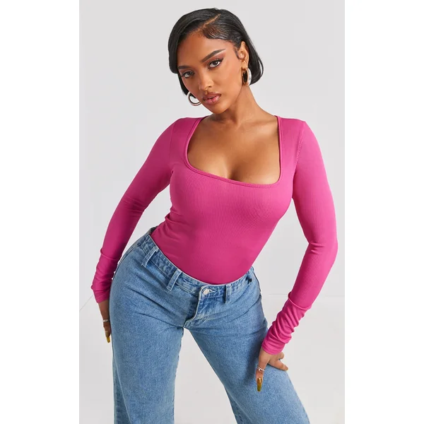 Shape Hot Pink Rib Long Sleeve Square Neck Bodysuit