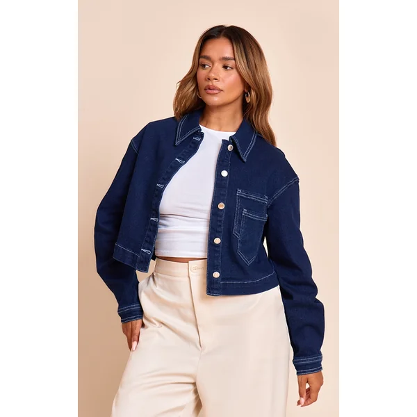 Shape Indigo Stretch Denim Double Pocket Cropped Jacket