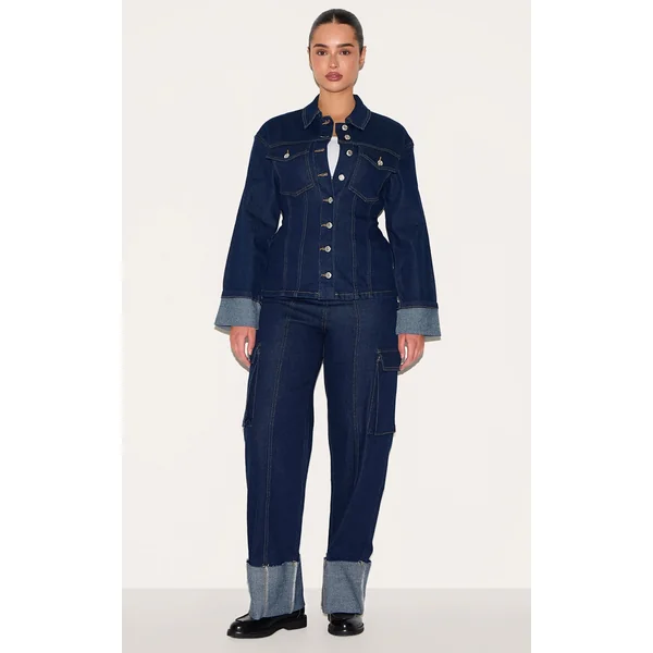 Shape Indigo Stretch Denim Highwaisted Turn Up Hem Cargo Jeans