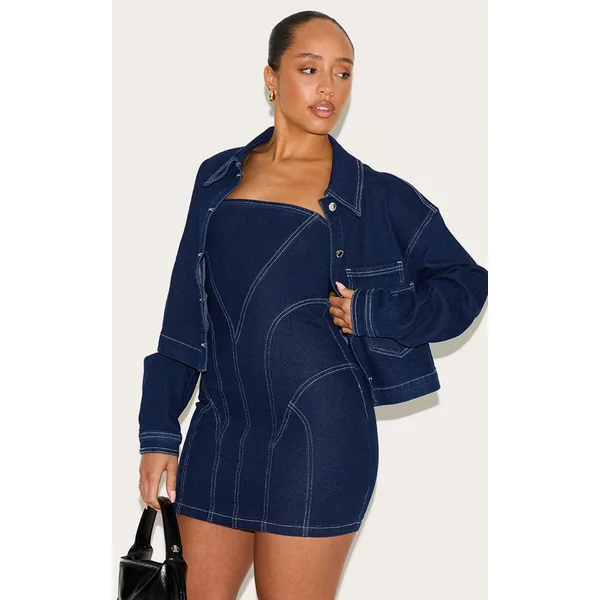 Shape Indigo Stretch Denim Seam Detail Bandeau Mini Dress