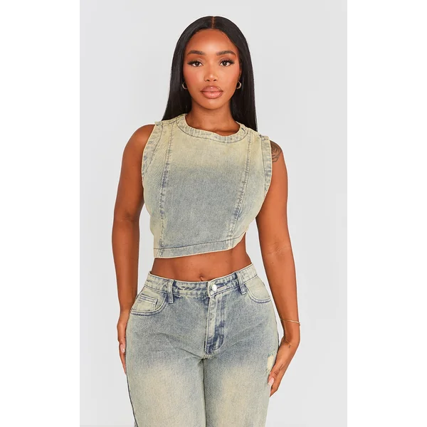 Shape Indigo Vintage Wash Denim Washed Asymmetric Crop Top