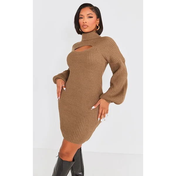 Shape Khaki 2 In 1 High Neck Balloon Sleeve Bodycon Sweater Dress