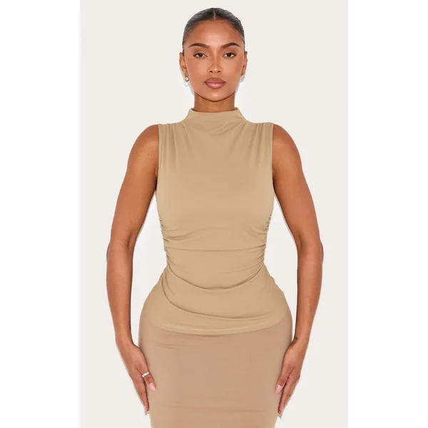 Shape Khaki Built In Bra Sculpt Boat Neck Ruched Side Top