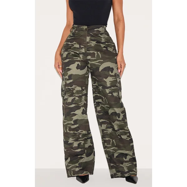 Shape Khaki Camo Print Pocket Detail Wide Leg Cargo Pants