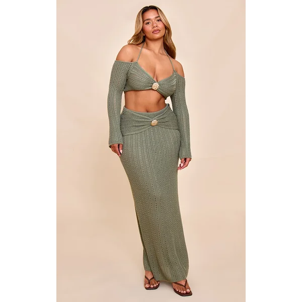Shape Khaki Crochet Gold Hammered Trim Maxi Skit