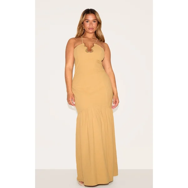 Shape Khaki Linen Look Gold Wave Trim Dropped Hem Maxi Dress