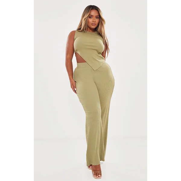Shape Khaki Rib High Waisted Flare Pants