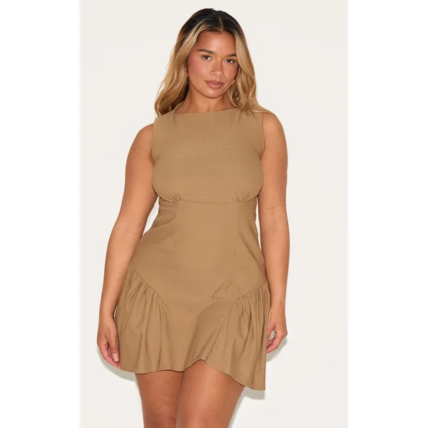 Shape Khaki Stretch Woven Boat Neck Cinched Mini Dress
