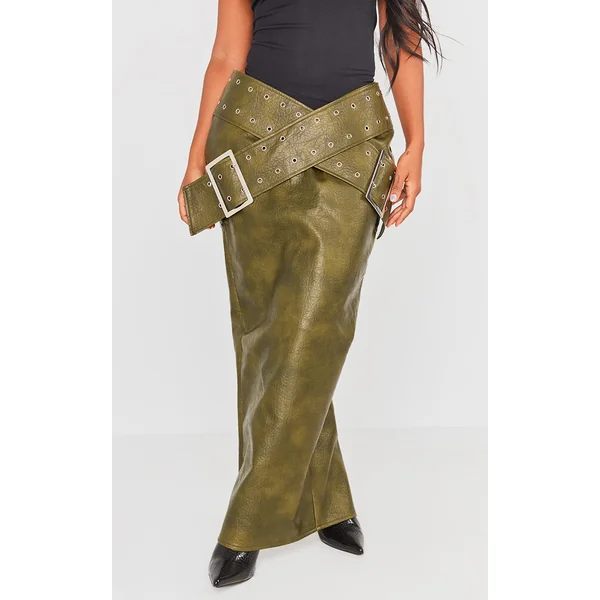 Shape Khaki Washed Effect Faux Leather Belt Detail Maxi Skirt