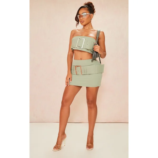 Shape Khaki Woven Belted Micro Mini Skirt