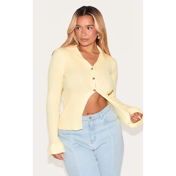 Shape Lemon Knitted Rib Button Front Split Hem Cardigan