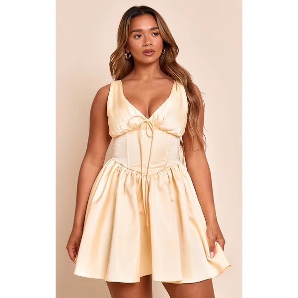 Shape Lemon Satin Plunge Front Cinched Waist Skater Mini Dress