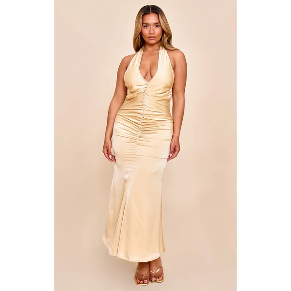 Shape Lemon Stretch Satin Plunge Front Ruched Maxi Dress