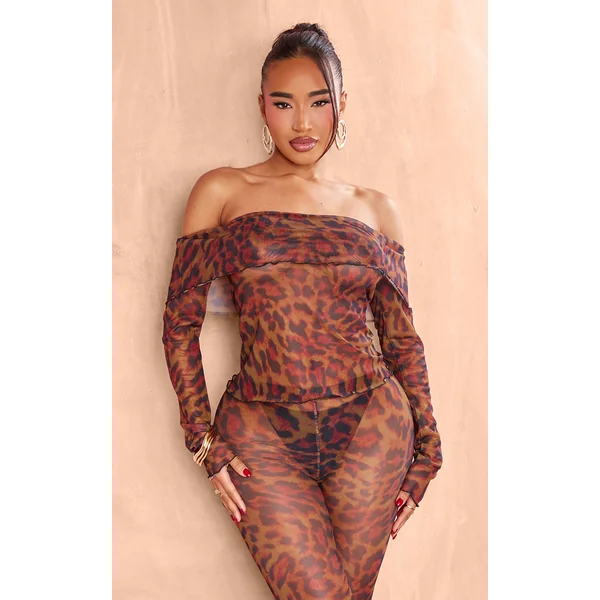 Shape Leopard Mesh Bardot Foldover Top