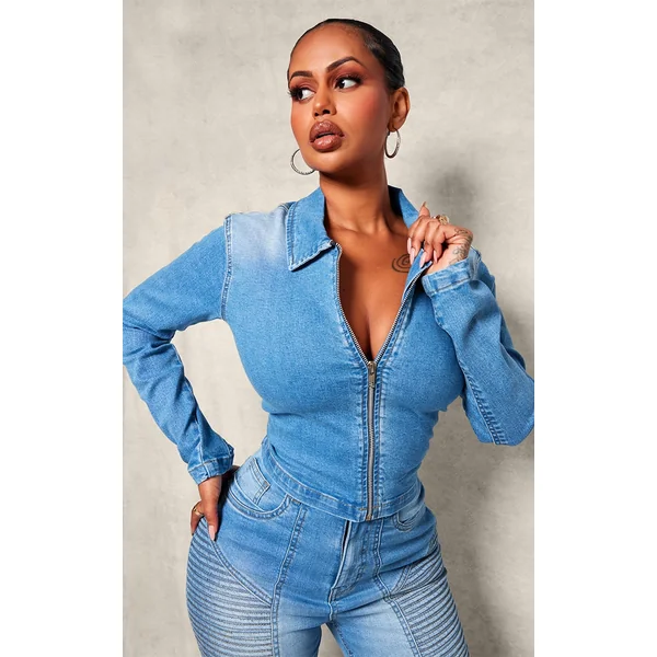 Shape Light Blue Denim Cropped Zip Through Jacket