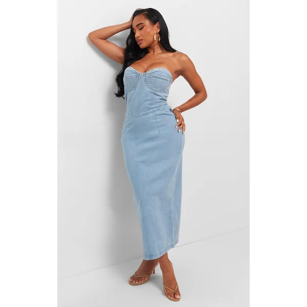 Shape Light Blue Denim Seam Detail Bandeau Maxi Dress