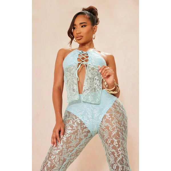 Shape Light Blue Lace Tie Front Crop Top