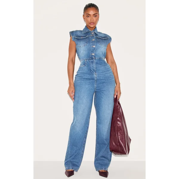 Shape Light Blue Sleeveless Rigid Denim Jumpsuit