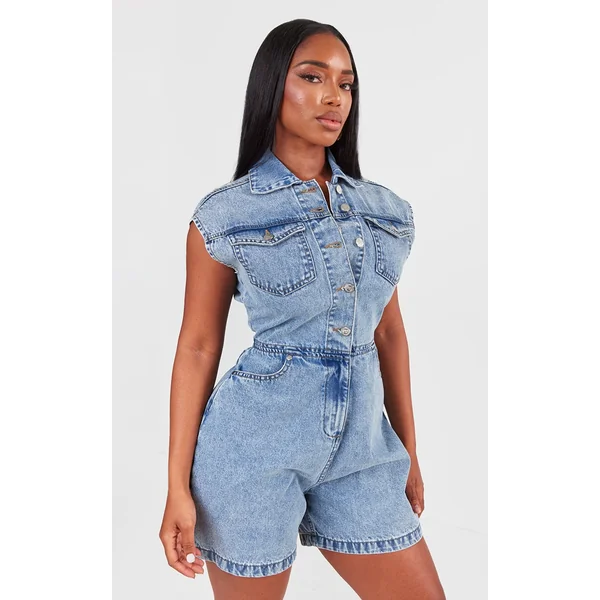 Shape Light Blue Sleeveless Rigid Denim Romper