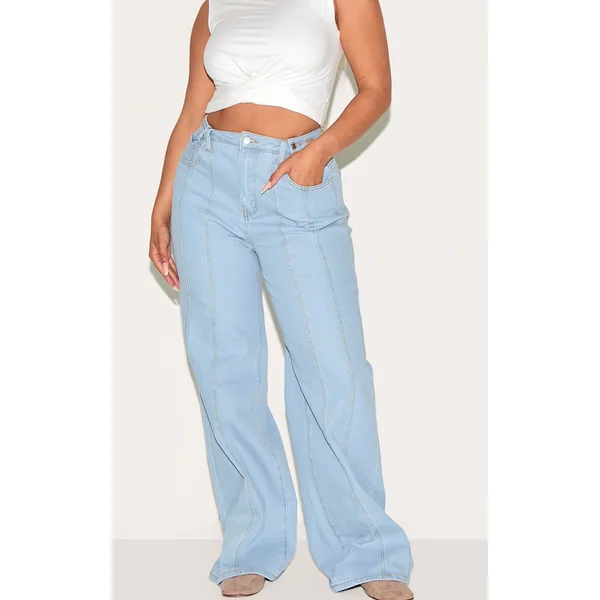 Shape Light Blue Stretch Denim Highwaisted Adjustable Button Wide Leg Jeans