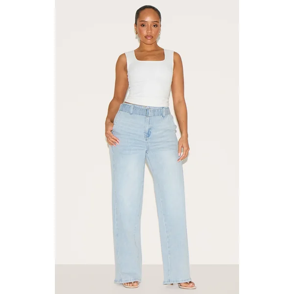 Shape Light Blue Stretch Denim Highwaisted Belted Wide Leg Jeans