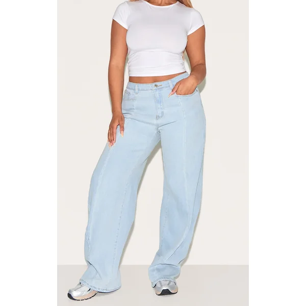 Shape Light Blue Stretch Denim Highwaisted Seam Detail Wide Leg Jeans