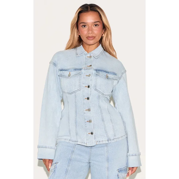 Shape Light Blue Stretch Denim Turn Up Sleeve Adjustable Back Jacket
