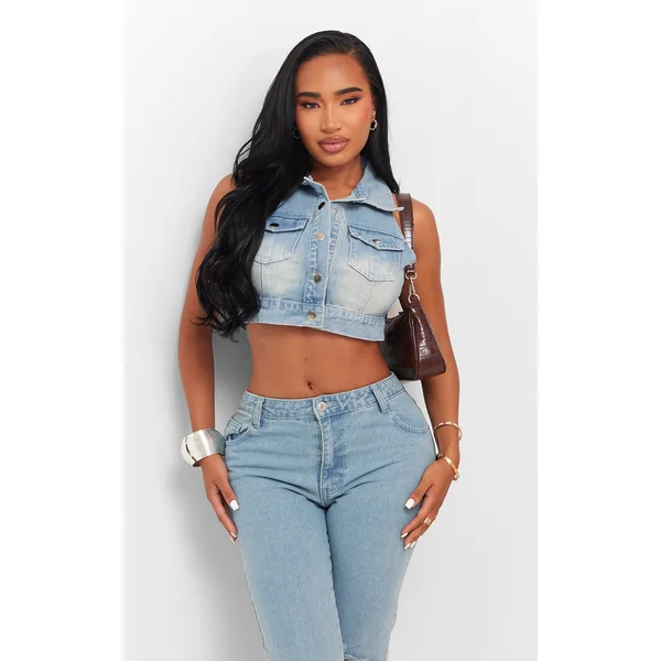 Shape Light Blue Wash Denim Button Front Sleeveless Jacket