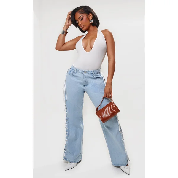 Shape Light Blue Wash Denim Lace Up Detail Wide Leg Jeans