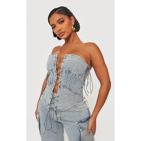 Shape Light Blue Wash Denim Lace Up Front Corset