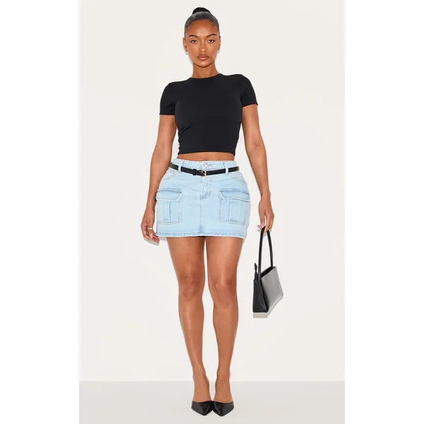 Shape Light Blue Wash Denim Low Rise Micro Mini Skirt
