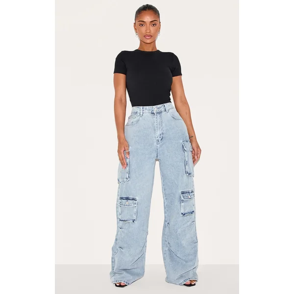 Shape Light Blue Wash Denim Pocket Detail Cargo Jeans