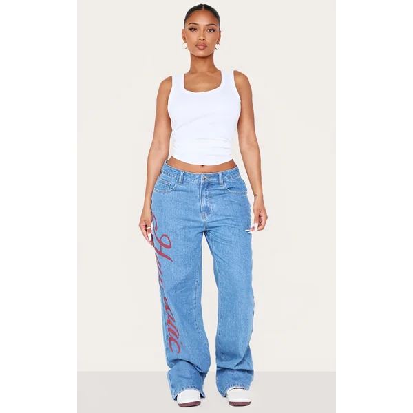 Shape Light Blue Wash Low Rise Graphic Straight Leg Denim Jeans