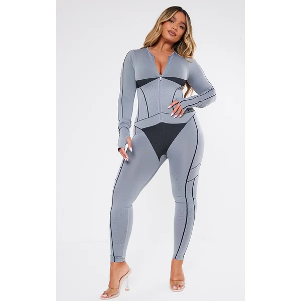 Shape Light Grey Seamless Contrast Long Sleeve Zip Through Jumpsuit