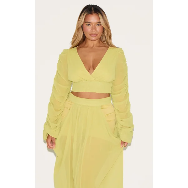 Shape Lime Chiffon Balloon Sleeve Plunge Front Cinched Waist Blouse
