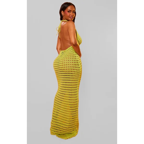 Shape Lime Crochet Knit Halterneck Open Back Maxi Dress