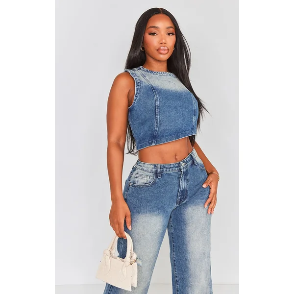 Shape Mid Blue Acid Wash Denim Washed Asymmetric Crop Top