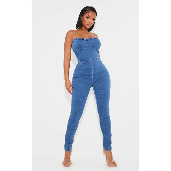 Shape Mid Blue Wash Cup Detail Tie Back Denim Jumpsuit