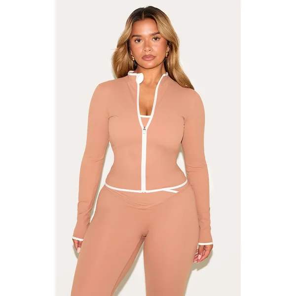 Shape Mocha Active Contrast Binding Zip Up Jacket