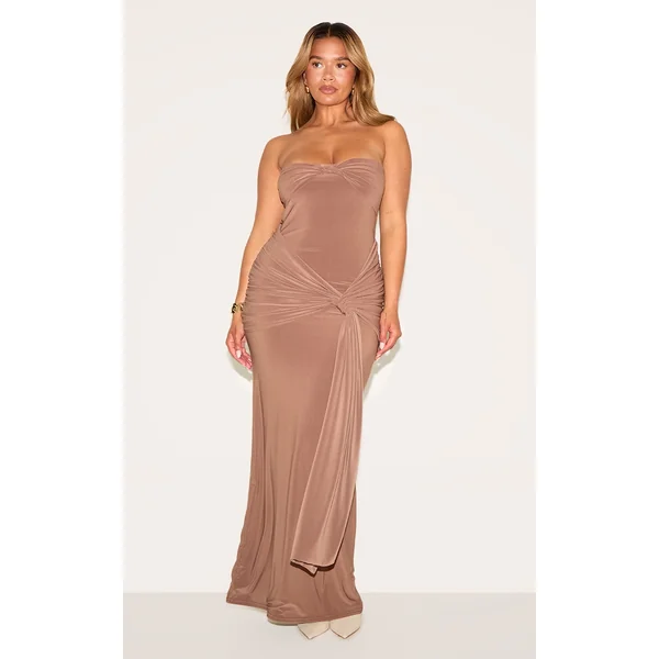 Shape Mocha Bandeau Twist Front Ruched Drape Waist Detail Maxi Dress