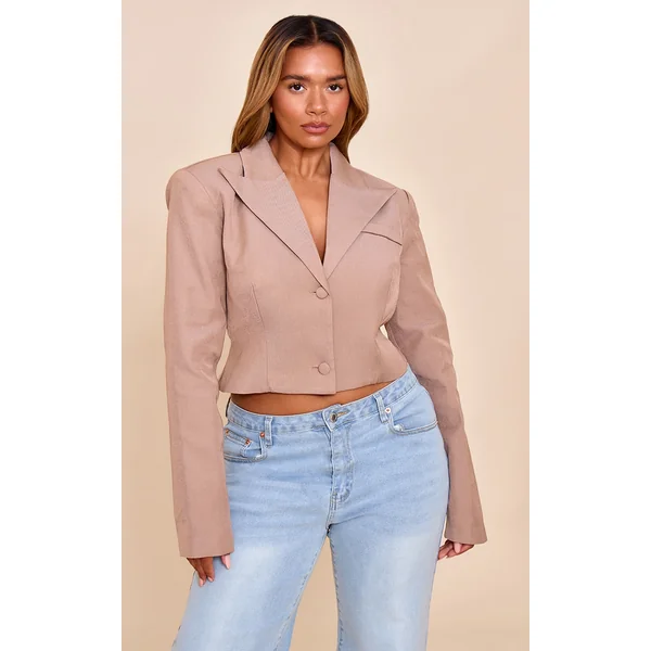 Shape Mocha Button Front Cropped Adjustable Cinched Waist Blazer