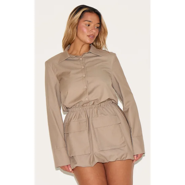 Shape Mocha Button Front Puffball Cargo Shirt Dress