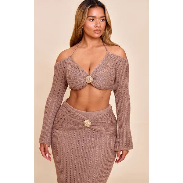 Shape Mocha Crochet Gold Hammered Trim Halterneck Crop Top